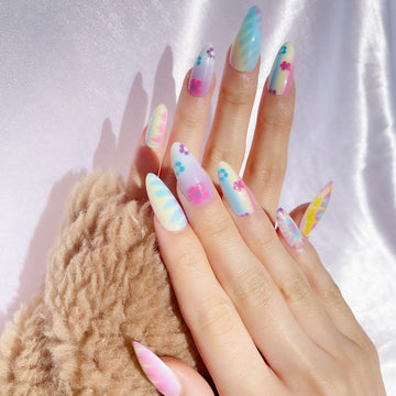 OPOOLA Almond Press on Nails Medium,OPOOLA Rainbow Jelly Soft Gel Fake Nails for Women Fit Natural,  Stick on Nails Reusable, 24pcs False Nails with Design Glue Art Kit
